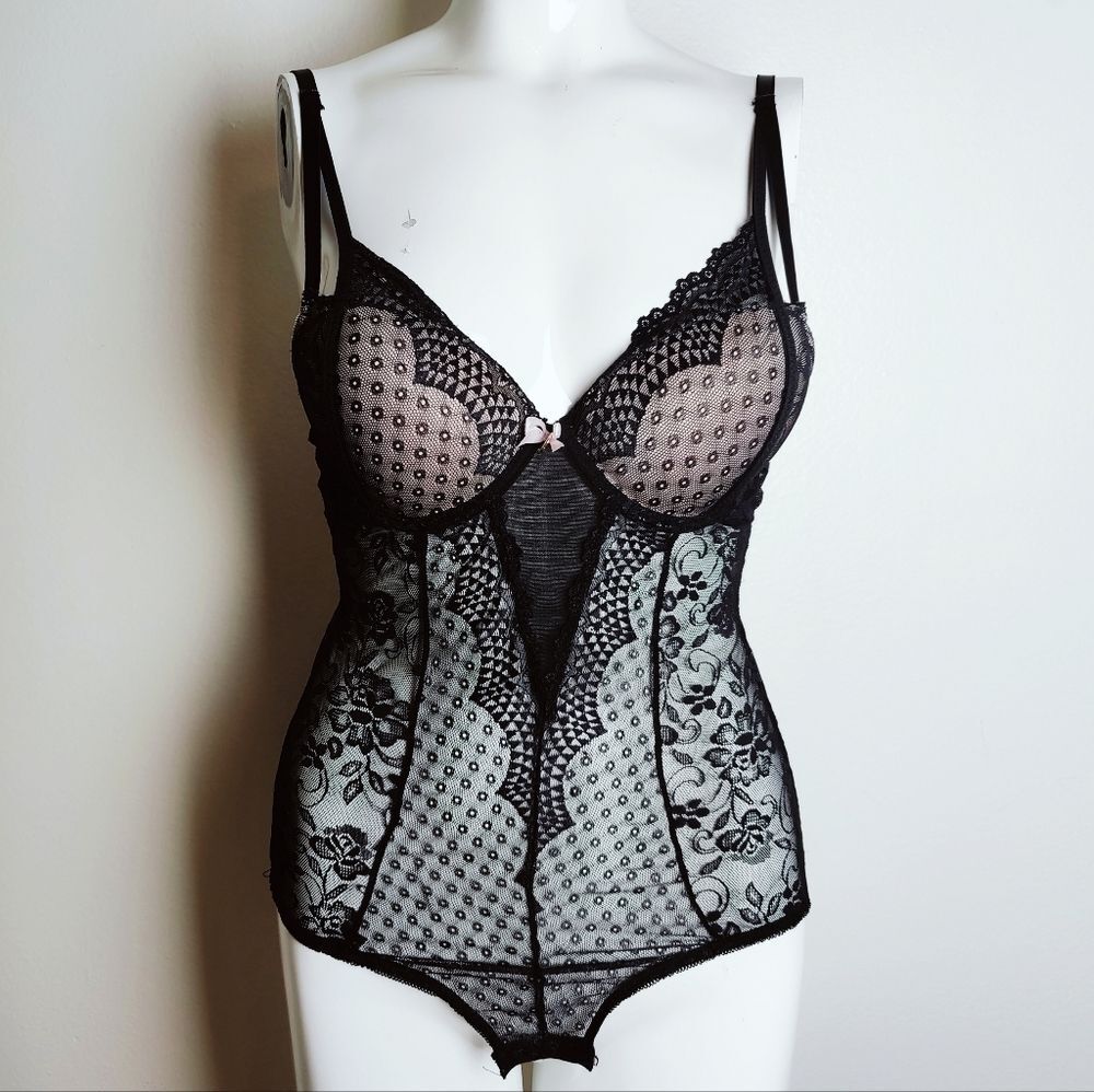 VTG Y2K Daisy Fuentes Black Multi Pattern Lace Mesh Paneled Teddy Bodysuit, Sz M